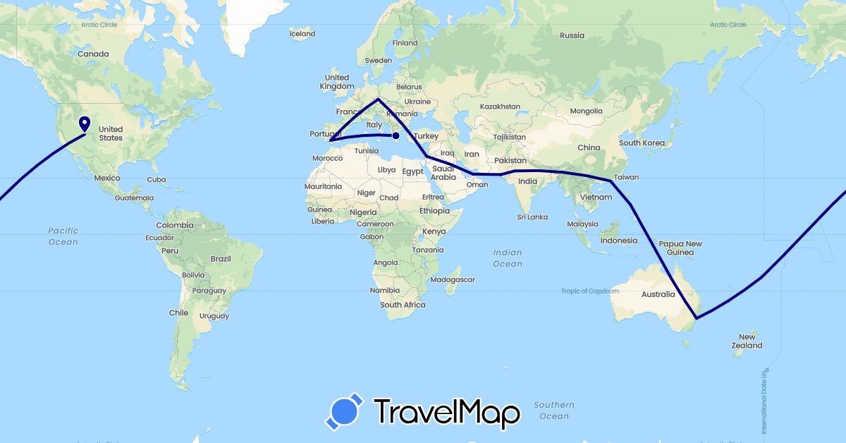 TravelMap itinerary: driving in United Arab Emirates, Australia, China, Czech Republic, Spain, Fiji, Greece, Israel, India, Philippines, Pakistan, United States (Asia, Europe, North America, Oceania)
